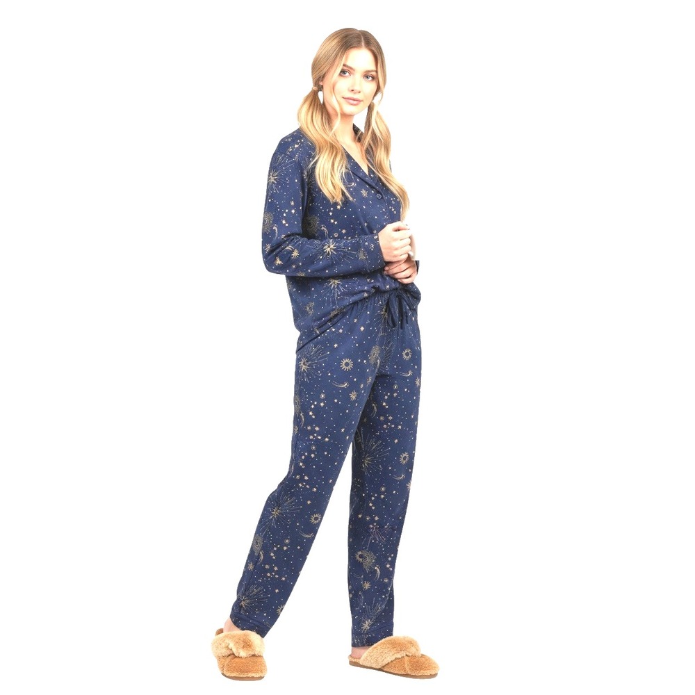 Room Service PLUS Size Celestial Pajama Set XXL Blue Gold Star Moon Sleepwear